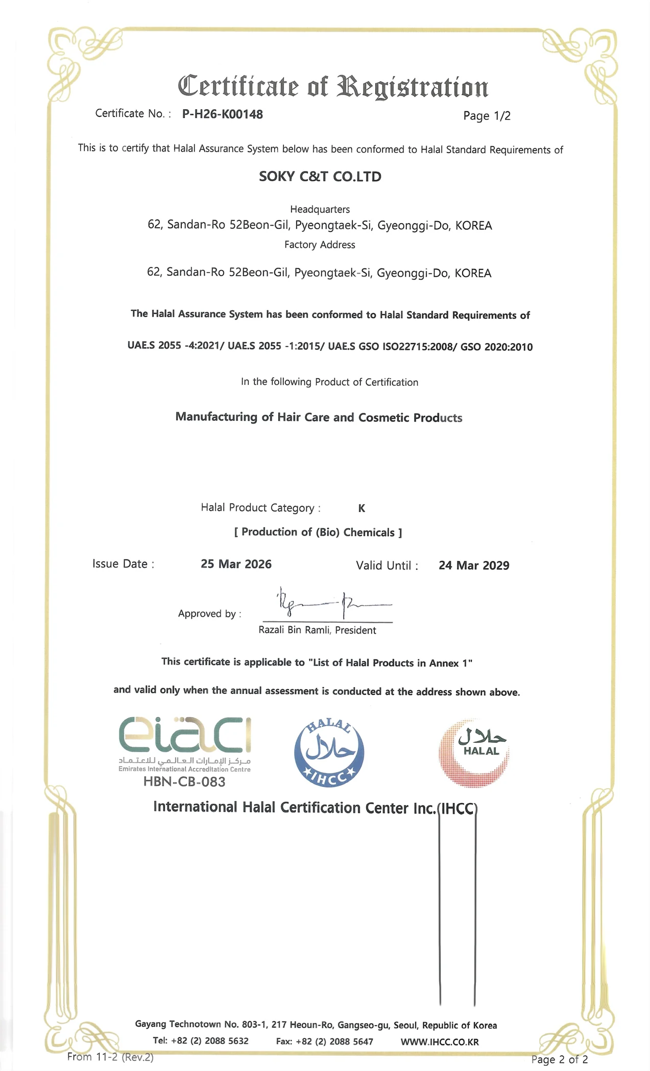IHCC Halal Certificate P-H26-K00148