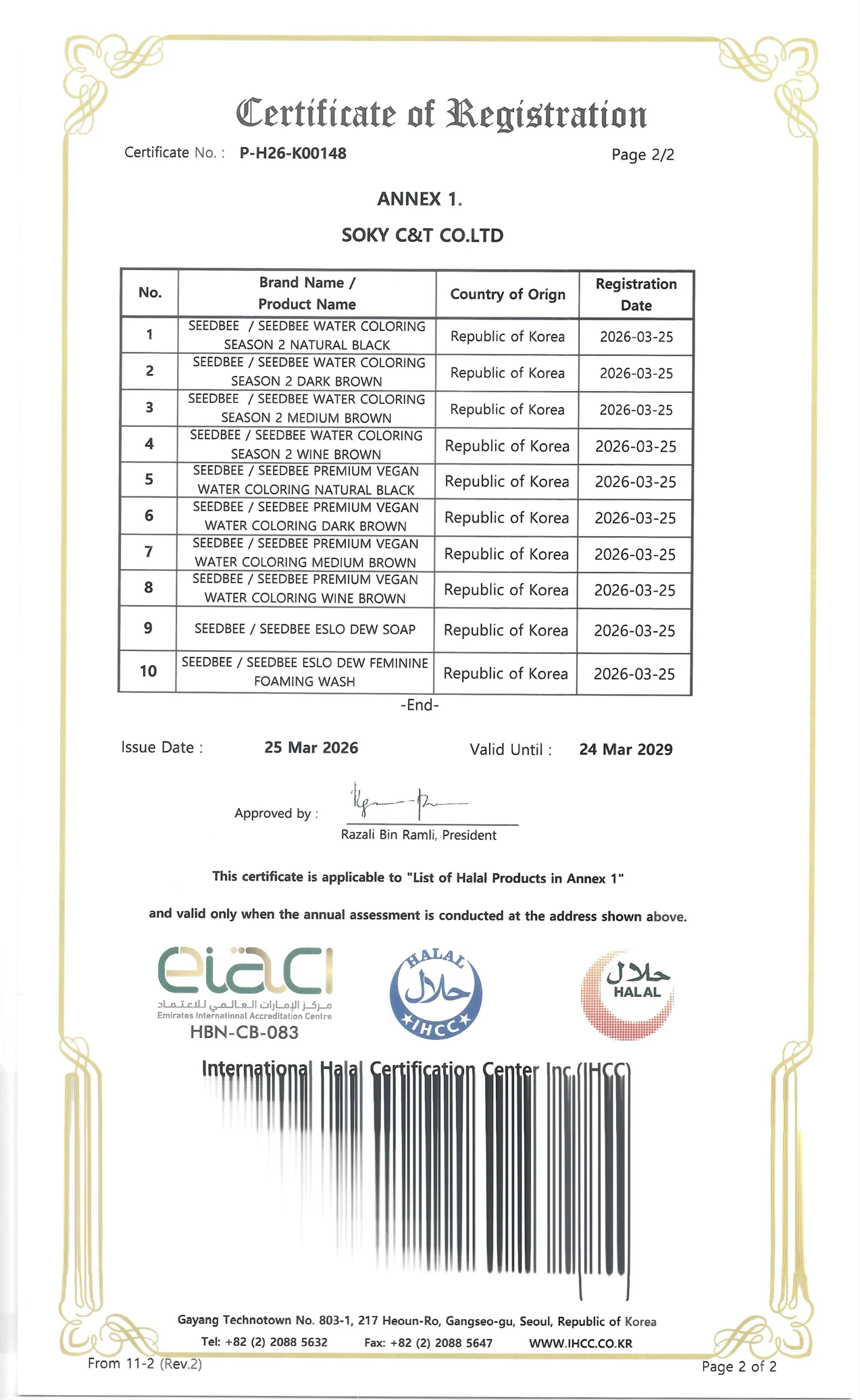 IHCC Halal Certificate P-H26-K00148